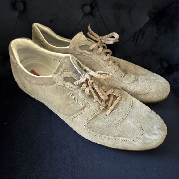 AUTH PRADA Sneakers SHOES 4E2020 Grey BEIGE SUEDE NEW US 12 - Picture 1 of 12